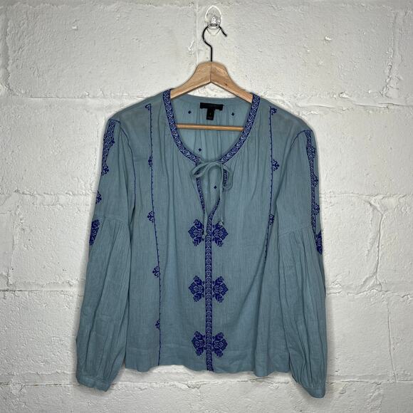 J. Crew Women's Blue Cotton Peasant Boho Tie Blouse Size 2 - Picture 2 of 7